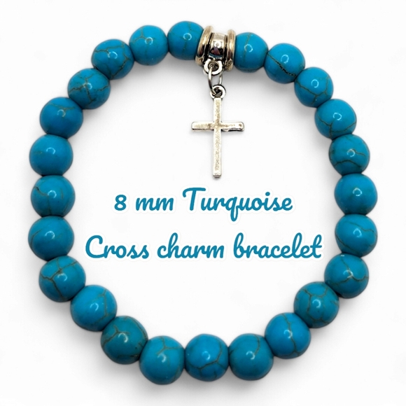 8 mm Turquoise Cross charm bracelet - Picture 1 of 4